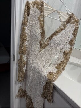 Sherri Hill Ivory Evening Dress with Gold Trim